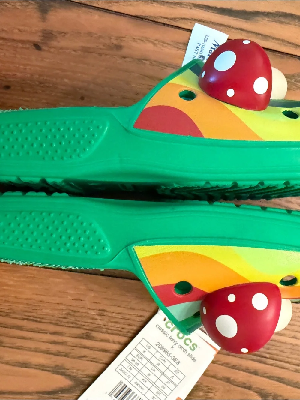 CROCS Kids Green Terry Cloth Slide with Rainbow Stripes & Red Mushroom Charms